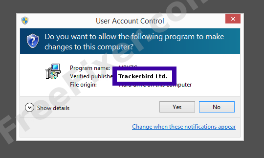 Screenshot where Trackerbird Ltd. appears as the verified publisher in the UAC dialog